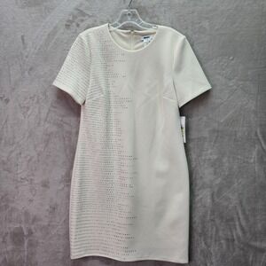 DKNY Dress Womens 4 Ivory Rhinestone Short Sleeve Sheath Knee Length Office Work